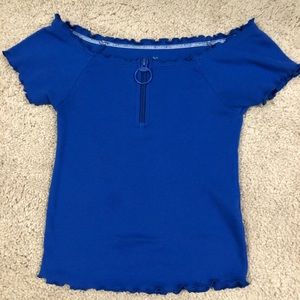 Justice blue off the shoulder top.